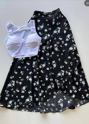 Воздушная черная юбка-миди в цветочный принт xs/s/m1 фото