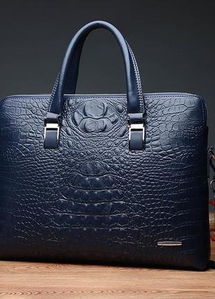 Оригинальный мужской деловой портфель под рептилию для документов формат а4 мужская сумка крокодил синий1 фото