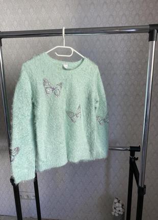 Теплый свитер c&amp;a травка нежно-мятного цвета с бабочками зимний теплый пушистый свитер6 фото