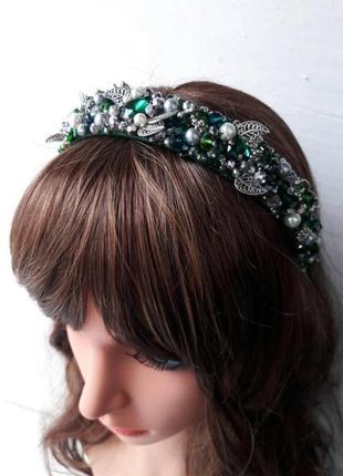 Свадебный зеленый обруч с керамическим жемчугом и кристаллами, тиара для невесты4 фото