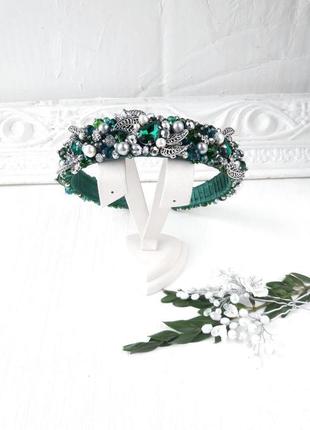 Свадебный зеленый обруч с керамическим жемчугом и кристаллами, тиара для невесты6 фото
