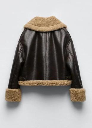 Дубленка дубленка женская zara коричневая с мехом оверсайз весенняя зимняя новая черная меховая куртка6 фото