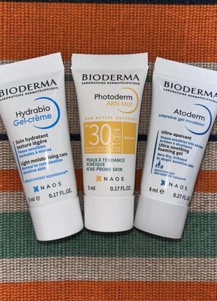 Набор биодерма - солнцезащитный флюид для лица bioderma photoderm akn mat spf 30, bioderma hydrabio gel-creme, bioderma atoderm intensive gel moussant