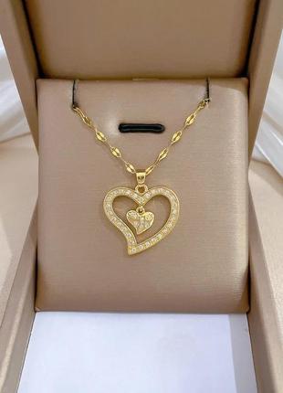 Цепочка с кулоном мед золото классическое двойное сердце кулон в виде двух сердец 2.5 см2 фото