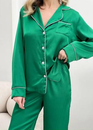 Зелена жіноча шовкова піжама сорочка штани жіноча стильна сатинова піжама вільного крою шовк армані6 фото
