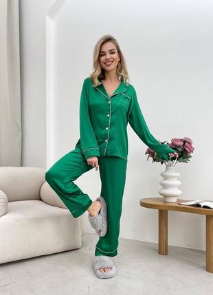 Зелена жіноча шовкова піжама сорочка штани жіноча стильна сатинова піжама вільного крою шовк армані8 фото