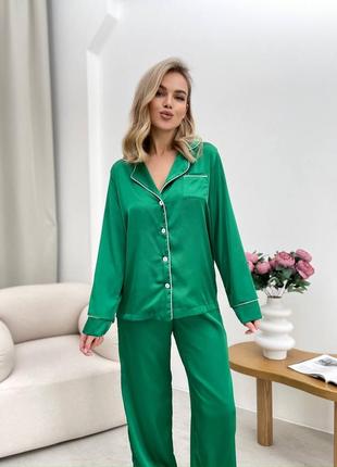 Зелена жіноча шовкова піжама сорочка штани жіноча стильна сатинова піжама вільного крою шовк армані5 фото