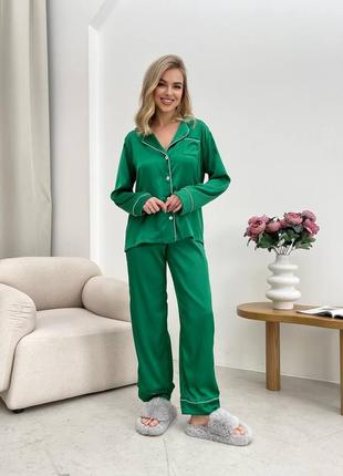 Зелена жіноча шовкова піжама сорочка штани жіноча стильна сатинова піжама вільного крою шовк армані1 фото