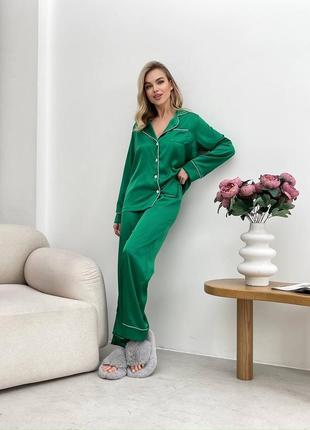 Зелена жіноча шовкова піжама сорочка штани жіноча стильна сатинова піжама вільного крою шовк армані10 фото