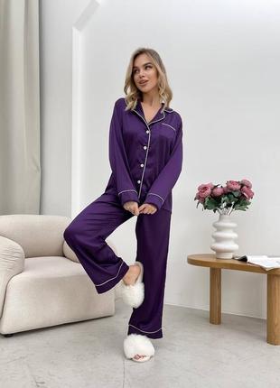 Фіолетова жіноча шовкова піжама сорочка штани жіноча стильна сатинова піжама вільного крою шовк армані