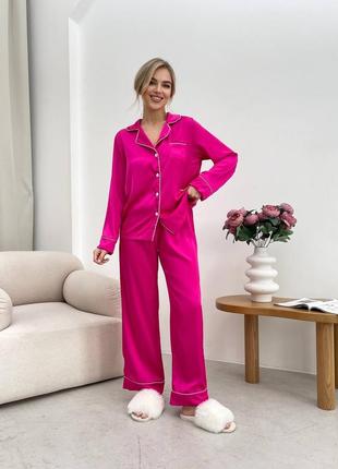 Рожева малинова жіноча шовкова піжама сорочка штани жіноча стильна сатинова піжама вільного крою шовк армані