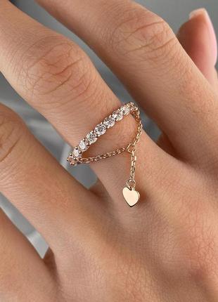 🇺🇦 кольцо серебро 925° покрытие позолота, вставка куб.цирконии, цепь с кулоном сердечко 1414.10п