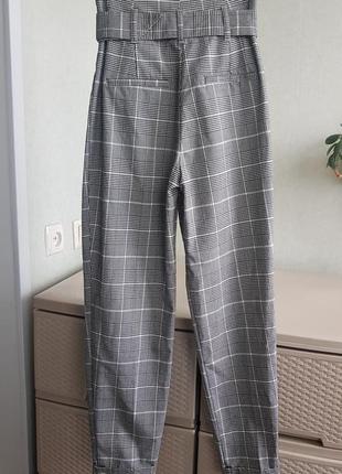 Новые серые штаны в клетку с высокой посадкой клетчатые брюки с поясом3 фото