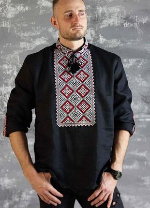Вышиванка льняная с пат-манжетом вышитая рубашка мужская
