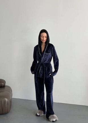Велюровая пижама халат с поясом укороченный брюки свободный комплект синяя бежевая черная плюшевая для сна для дома3 фото