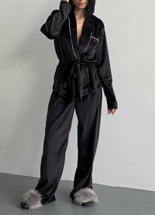 Велюровая пижама халат с поясом укороченный брюки свободный комплект синяя бежевая черная плюшевая для сна для дома4 фото