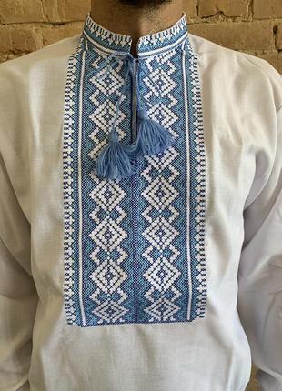 Мужская рубашка-вышиванка голубой орнамент3 фото