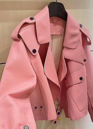 Куртка косуха короткая розовая эко кожа2 фото