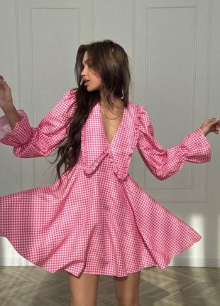 Платье клеш с воротничком лапка розовая коттон