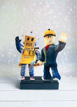 Ночник-игрушка "роблокс. робот и строитель" на чёрной подставке с дистанционным пультом управления (дизайн 26)6 фото