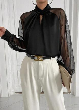 Блуза шовкова з рукавами з сітки
