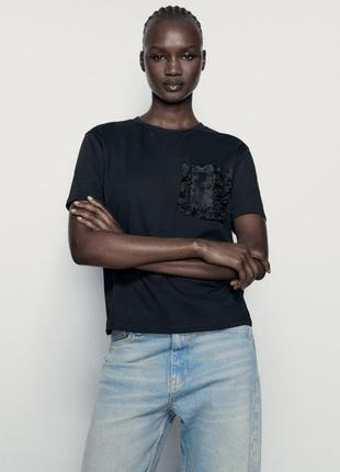 Черная хлопковая футболка с карманом из органзы zara 0858/805
