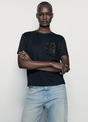 Чорна бавовняна футболка з кишенею з органзи zara 0858/805