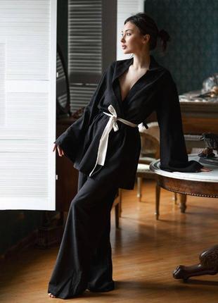 Льняной костюм брюки рубашка кимоно вкусная запах из льна