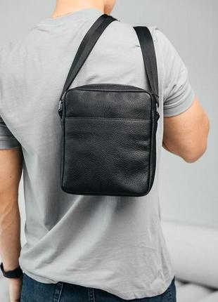 Мужская сумка барсетка из натуральной кожи черная на плечо, кожаная сумка мужская для телефона вещей кошелька4 фото