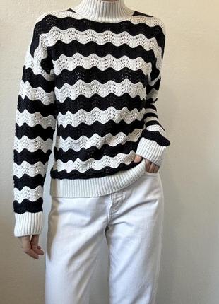 Вʼязаний светр білий чорний джемпер бавовна гольф пуловер реглан лонгслів в полоску светр коттон