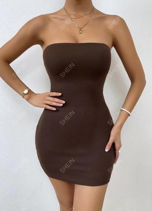 Платье облегающее мини shein темно-шоколадное с вырезом на спине обнаженные плечи размер х хс/хс3 фото