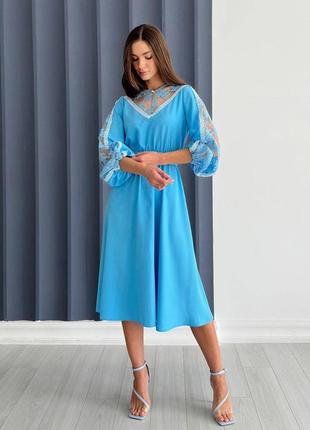 Платье миди женское летнее с кружевом голубое 3514-012 фото