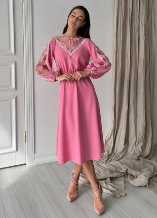 Платье миди женское летнее с кружевом розовое 3514-023 фото