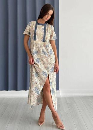 Платье женское длинное льняное с коротким ркавом летнее вышиванка 3516-01