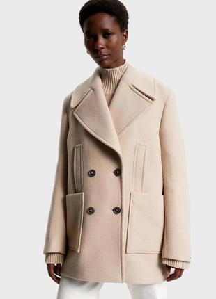 Оригинал tommy hilfiger красивое шерстяное бежевое пальто оверсайз relaxed wood blend beige coat3 фото