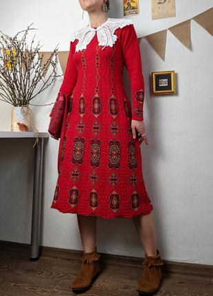 Платье красное вязаное миди пышное длинное узоры винтажное s m свободное этно бохо платья4 фото