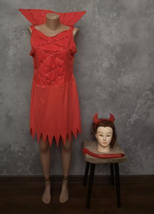 Карнавальный костюм платье хвост рога рожки чертенок дьяволица хелоуин хэлоуин косплей маскарад м-л