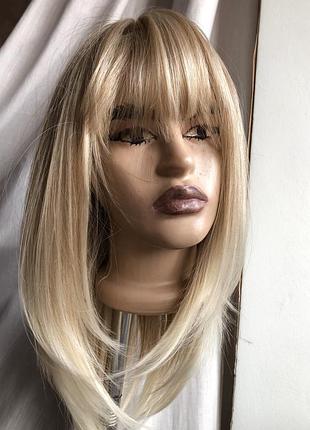 Искусственный парик с челкой чёлкой каскад густые волосы светлые русые блонд блондин...