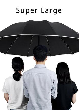 Супер большой ветрозащищенный сложный зонтик со светоотражающей лентой для мужчин и женщин черный автомат4 фото