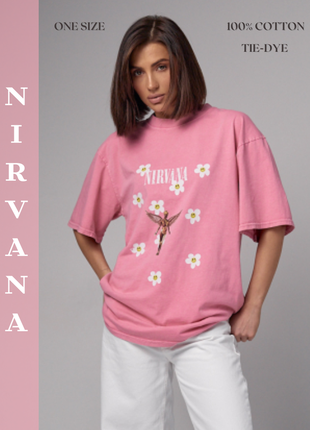 Ефектно в рожевому: футболка tie-dye з принтом nirvana1 фото