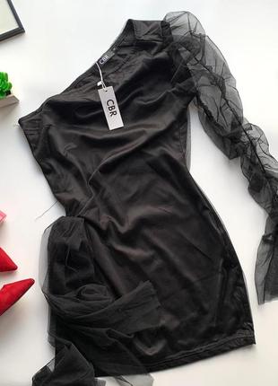 👗отпадное чёрное шифоновое платье мини/новое короткое платье фатин на одно плечо👗