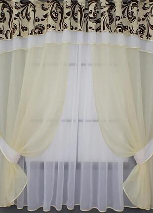 Комплект на кухню (270х170см) тюль і ламбрекен. колір білий з молочно коричневим
