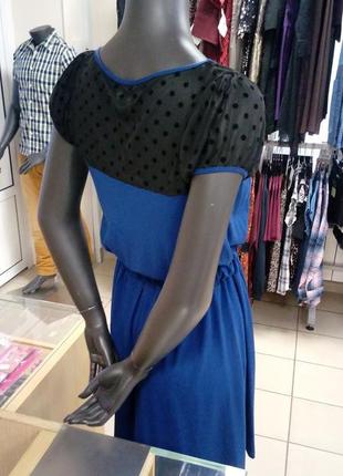 Платье,женское,вискоза,синее,с сеткой на груди,в горох,под резинку,s,m,eur 36,38,12365,123663 фото
