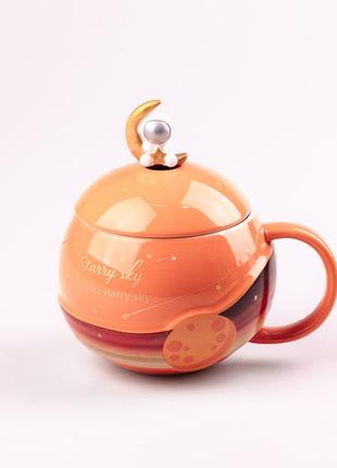 Чашка керамическая 400 мл космонавт с крышкой и ложкой vt_33