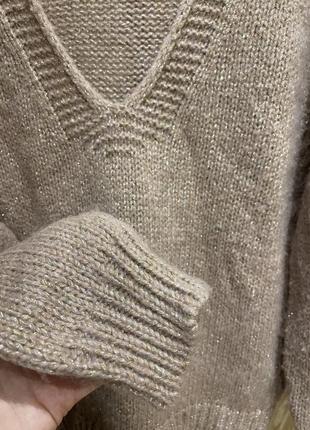 Шерстяной альпака нарядный джемпер свитерок пуловер v вырез пудра с люрекс