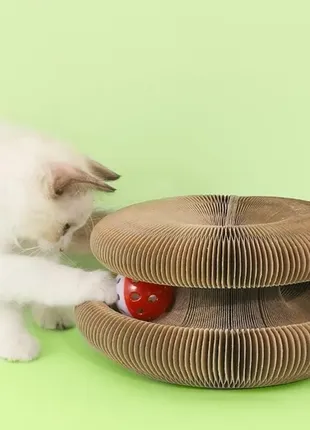 Интерактивная когтеточка игрушка из картона с кошачьей мятой и мячиком7 фото