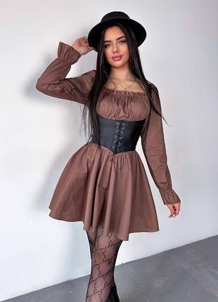 Платье мини с корсетом из эко кожи/платье в немецком стиле/платье с корсажем из эко кожи
