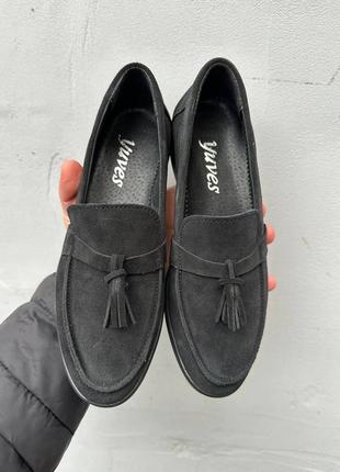 Трендові чорні жіночі зручні туфлі лофери весняні-осінні,замшеві/натуральна замша-жіноче взуття