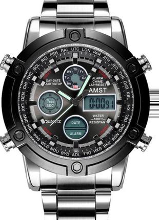 Легендарные мужские часы amst mountain steel., часы с военным дизайном amst mountain steel., в стальном цвете