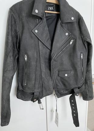 Кожаная куртка косуха zara в винтажном стиле 100% натуральная кожа5 фото